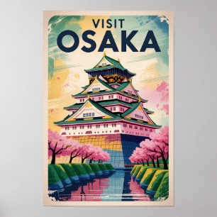Poster Osaka Japon Château Illustration Voyage Art Rétro