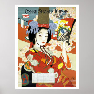 Poster Osaka, Japon, geisha avec éventail, voyage vintage