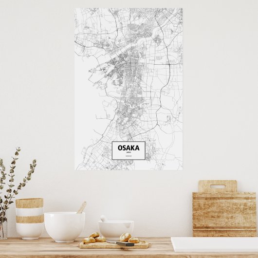 Poster Osaka, Japon (noir sur blanc) (Cuisine)