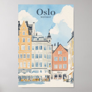Poster Oslo Norvège Peinture Gouache Illustration Voyage