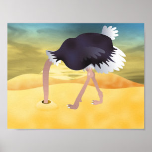 Poster Ostrich Caricature Avec Tête Dans Le Sable