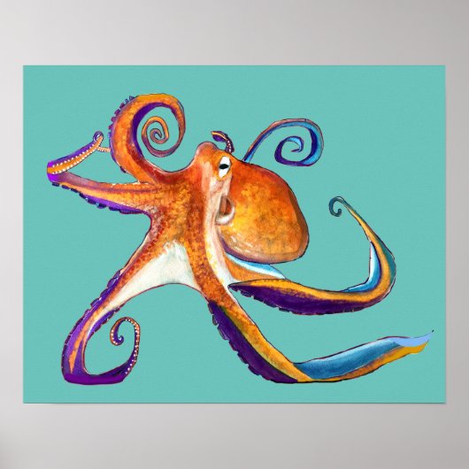 Poster Otopus vie marine aquarelle art (Devant)
