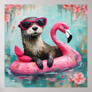 Poster Otter flottant sur un Flamant rose rose drôle Coll