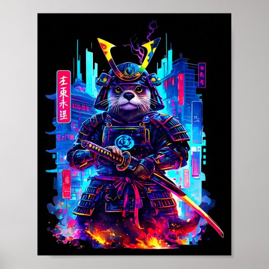 Poster Otter Katana Cyberpunk Neon Samurai Japanese Art  (Devant)