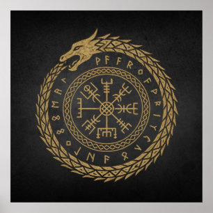 Poster Ouroboros & Vegvisir - Norse Compass Rune Circle D