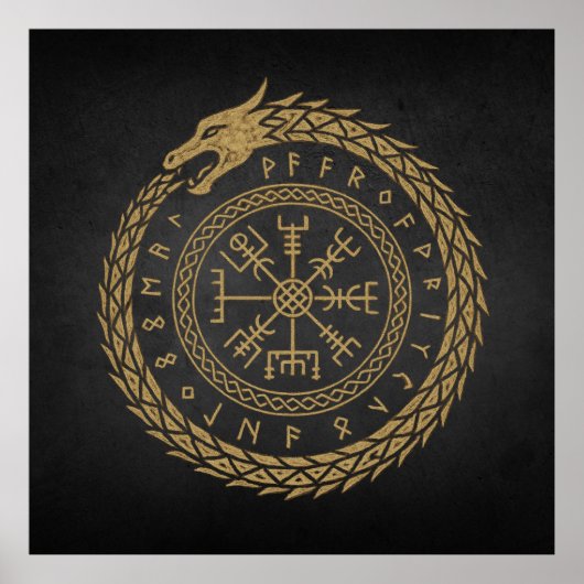 Poster Ouroboros & Vegvisir - Norse Compass Rune Circle D (Devant)