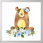 Poster Ours, Animaux Boisés, Boho, Fleurs Bleues (Devant)