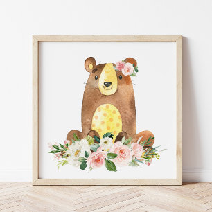 Poster Ours, Animaux Boisés, Boho, Fleurs Roses