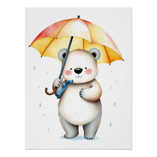 Poster Ours aquarelle avec parapluie et gouttes de pluie