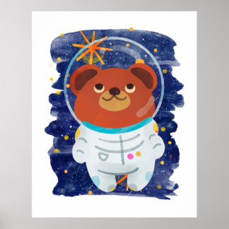 Poster Ours Astronaute Flottant Espace Étoiles Aquarelle