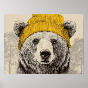 Poster Ours au bonnet jaune Animaux de la forêt rustique