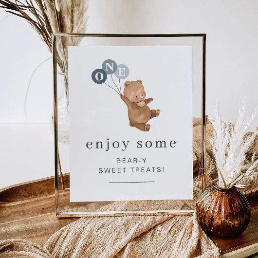 Poster Ours avec 3 Ballons Bleus - Symbole de friandises