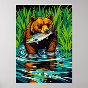 Poster Ours avec prise - Scène Saumon audacieuse de la ri