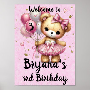 Poster Ours Ballerine Rose Ballon Pailleté Fête d'Anniver