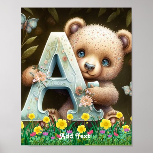 Poster Ours Bébé mignon en Whimsical tenant Alphabet A (Devant)