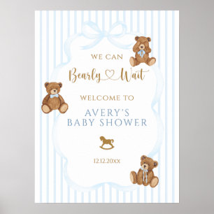 Poster Ours Bleu à peine attendre Baby Shower Élégante Ra