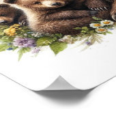 Poster Ours Brown avec des oursons dans une prairie flora (Coin)