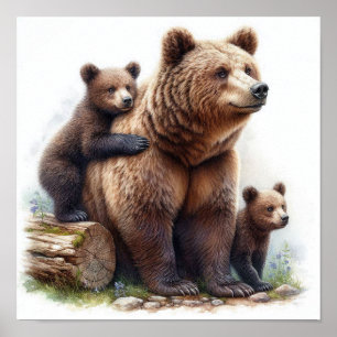 Poster Ours brun avec deux oursons