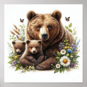 Poster Ours brun avec oursons Prairie florale Faune