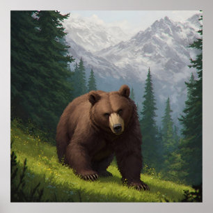 Poster Ours brun dans une prairie de montagne