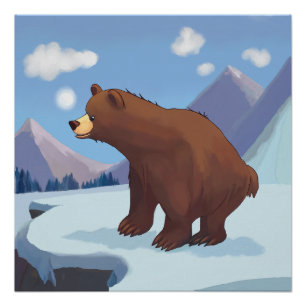 Poster Ours brun de dessin animé dans les montagnes