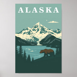 Poster Ours Brun Grizzly Voyage Rétro Alaska