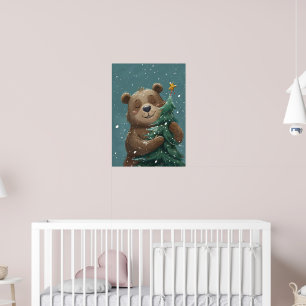 Poster Ours Brun Joyeux Enlaçant l'Arbre de Noël
