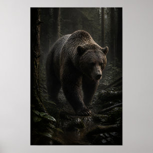 Poster Ours Brun Marchant à Travers la Forêt Sombre Faune