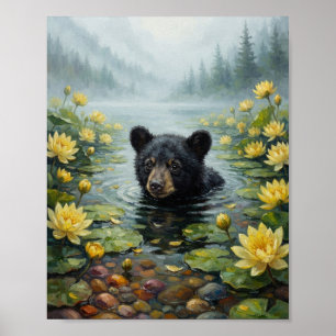 Poster Ours Brun Paddling dans un Lac Alpin Nénuphar Jaun