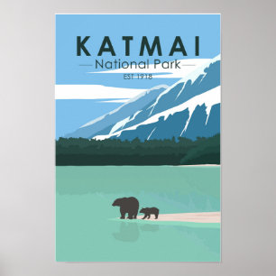 Poster Ours Bruns du Parc National Katmai Vintage