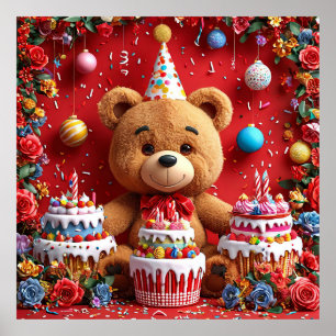 Poster Ours d'anniversaire avec gâteau et ballons