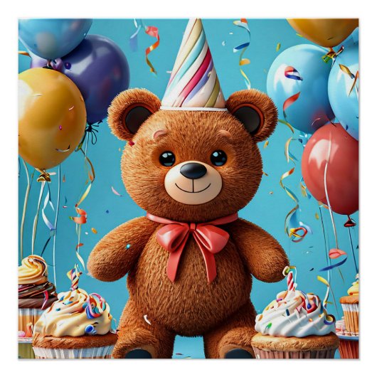 Poster Ours d'anniversaire avec gâteau et ballons (Devant)
