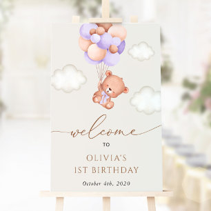 Poster Ours de bébé, Ballons pourpres, Bienvenue pour le