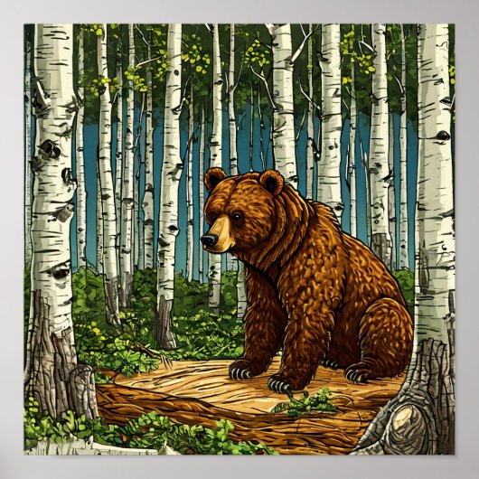 Poster 🐻 Ours de dessin animé dans une forêt de bouleaux (Devant)