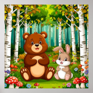 Poster Ours de dessin animé et lapin assis dans une forêt