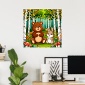 Poster Ours de dessin animé et lapin assis dans une forêt (Bureau à domicile)