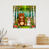 Poster Ours de dessin animé et lapin assis dans une forêt (Cuisine)