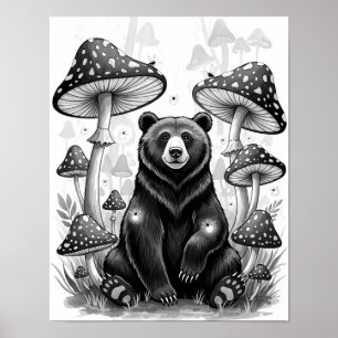 Poster Ours de forêt lunaire et champignons magiques
