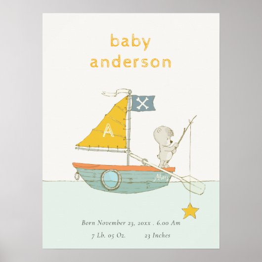 Poster Ours de pêche mignon Star voilier enfants monogram (Devant)