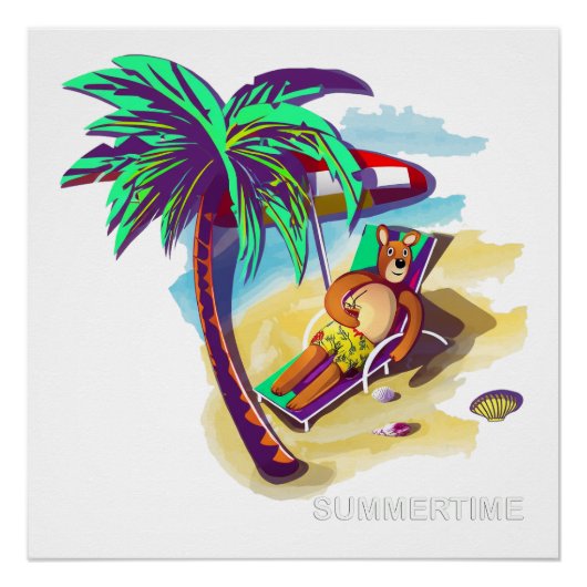 Poster Ours d'été relaxant sur une plage tropicale (Devant)