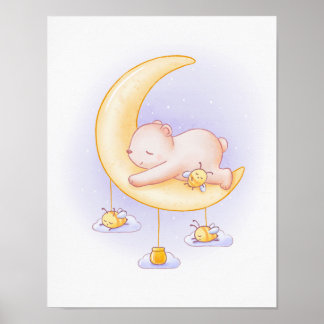Poster Ours dormant et abeilles joli dessin animé