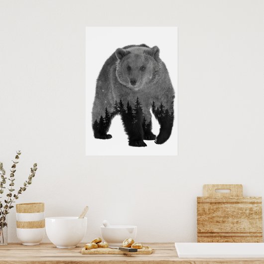 Poster Ours Double exposition Forêt Arbres Nuit (Cuisine)