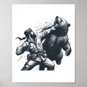 Poster Ours Drôle Homme Frappant Ours Rétro Vintage Chass