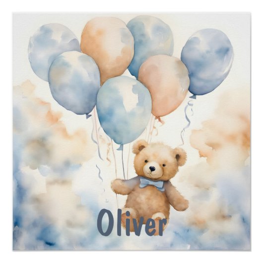 Poster Ours en peluche adorable avec ballons aquarelle (Devant)
