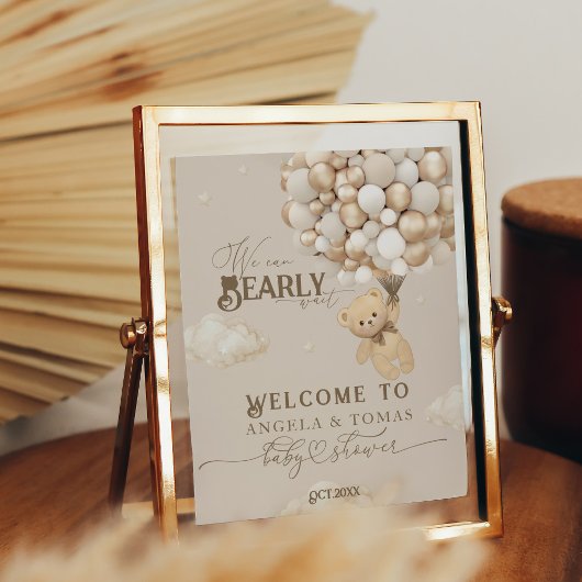 Poster Ours en peluche avec ballons Baby shower neutre