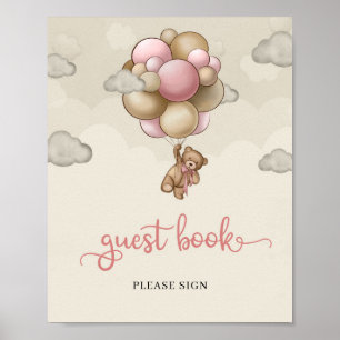 Poster Ours en peluche ballons d'ivoire rose brun livre d