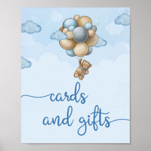 Poster Ours en peluche bleu brun ballons cartes et signes