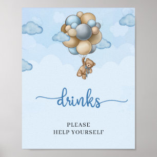 Poster Ours en peluche bleu brun ballons signe de table b