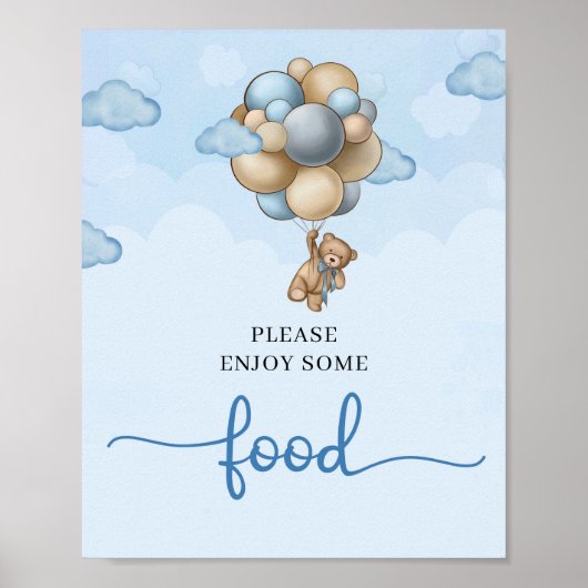 Poster Ours en peluche bleu brun beige ballons signe alim (Devant)