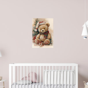 Poster Ours en peluche confortable avec chapeau de Noël e